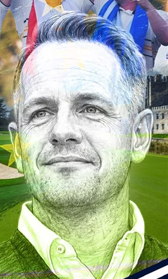 Sketch portrait of Europe's Ryder Cup captain, in European colours
