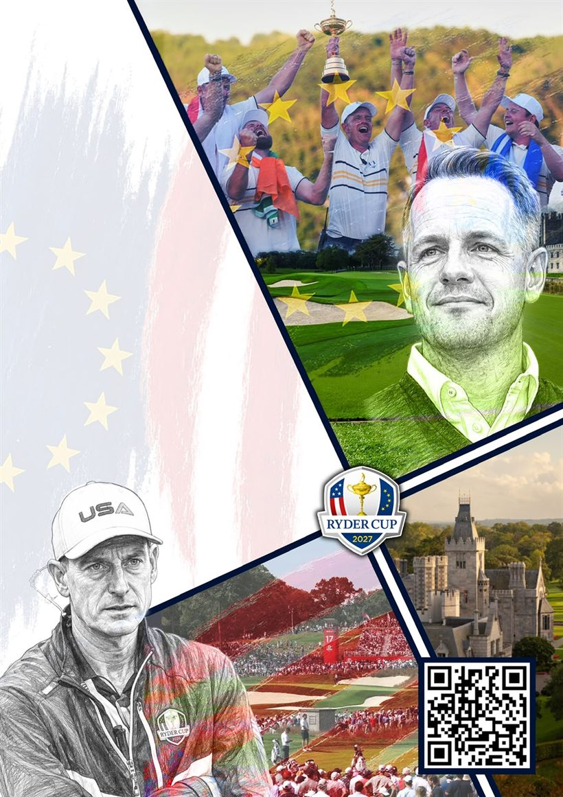The Somerset West Country Club Bucket List Lottery poster — the 2027 Ryder Cup captains, Adare Manor and the trophy